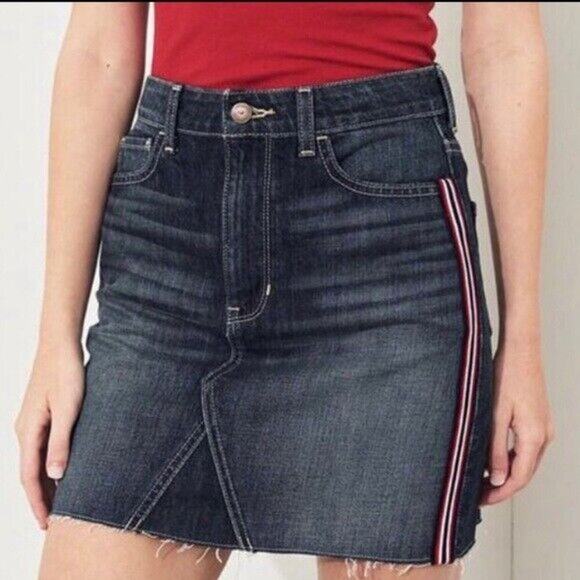 Hollister Jean Skirt Junior Size 11 Ultra High Rise Raw Hem Side Stripes Denim - Picture 1 of 9